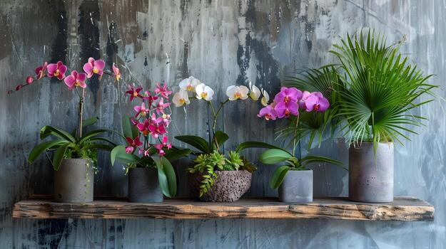 clasificado tropical orquídea plantas desplegado en rústico de madera estante en contra hormigón pared foto