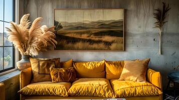 acogedor rústico vivo habitación con escénico paisaje pintura foto