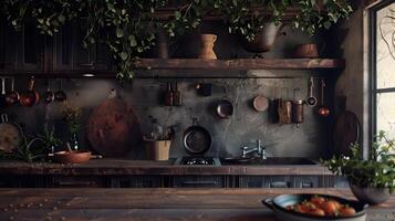 Cozy Rustic Kitchen Filled with Cooking Utensils and Fresh Produce photo