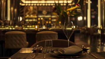 Elegant Fine Dining Restaurant Setting with Sophisticated Table Arrangement and Ambient Lighting for Upscale Dining Experience photo