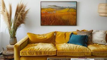 Cozy Living Room with Warm Autumn Landscape Painting photo