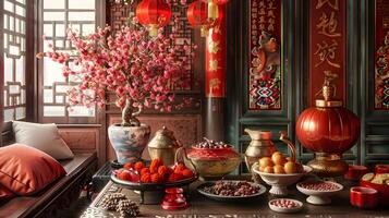 Vibrant Chinese New Year with Traditional Decor and Bountiful Feast photo