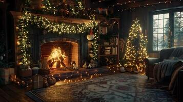 Cozy Christmas Scene with Fireplace, Decorated Tree, and Warm Lighting photo