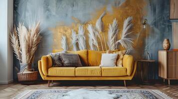 Cozy and Vibrant Mustard Yellow Sofa in a Modern Bohemian-Inspired Living Room with Natural Accents photo