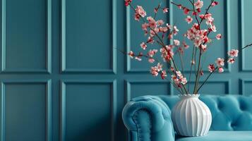Elegant Floral Display in Plush Teal Living Room with Ornate Wall Panels photo