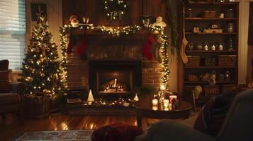 Cozy Christmas Evening by the Fireplace with Festive Tree and Decor photo