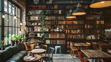 Cozy Loft Library and Cafe Atmosphere with Vintage Rustic Decor and Bookshelves photo