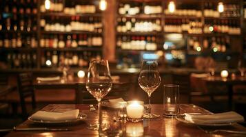 acogedor alumbrado por velas mesa con vino lentes y botellas en íntimo restaurante o bar ajuste foto