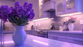 elegante y lujoso púrpura flores hermosamente desplegado en un moderno cocina mostrador con calentar Encendiendo y minimalista decoración foto