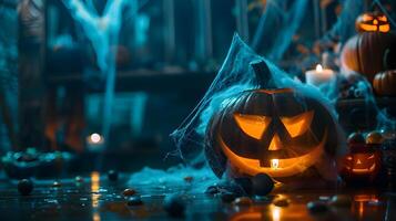 Carved Pumpkin and Flickering Lights in Moss-Covered Autumn Forest at Night with Mysterious Atmosphere photo