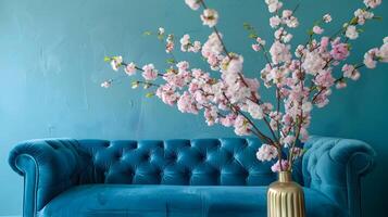 Elegant Blue Velvet Sofa with Blooming Floral Display photo