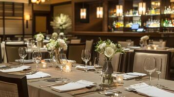 Elegant formal dining table setting in upscale restaurant with candles, flowers, and fine glassware for a special occasion photo