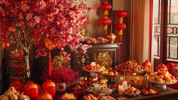 Luxurious Chinese New Year with Auspicious Floral Decor and Bountiful Feast photo