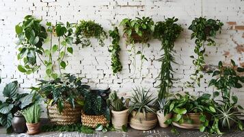 Green indoor oasis with various potted plants and hanging botanical arrangements displayed on wooden shelves against a brick wall photo