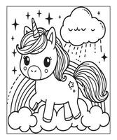 unicornio con nube colorante página para niños vector