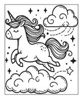 unicornio con nube colorante página para niños vector