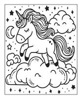 unicornio con nube colorante página para niños vector