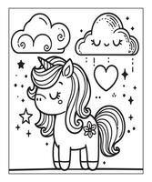 unicorn with cloud coloring page for kids vector