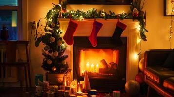 Christmas Fireplace with Cozy Decor and Warm Lighting in Festive Home Interior photo