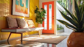 Vibrant and Cozy Contemporary Living Room with Tropical Accents and Abundant Natural Lighting photo