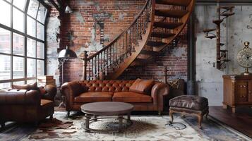 calentar y atractivo rústico desván interior con encantador Clásico mueble y decoración elementos foto