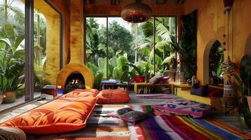 Warm and Inviting Bohemian-Inspired Tropical Oasis with Vibrant Decor and Lush Greenery in a Cozy Living Space photo