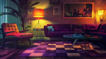 Vibrant and Cozy Retro-Inspired Lounge with Geometric Tiled Floor and Neon Ambiance photo