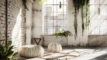 Cozy and Serene Loft-Style Living Space with Natural Accents and Abundant Greenery photo