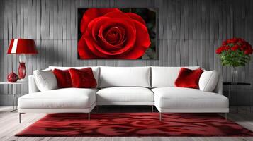 el elegante y acogedor vivo habitación con un cautivador Rosa pared Arte pedazo y lujoso rojo y blanco mobiliario foto