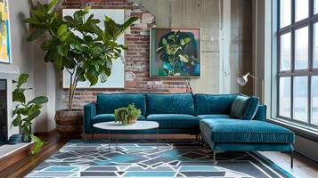 Stylish and Inviting Modern Living Room with Lush Greenery and Geometric Decor photo