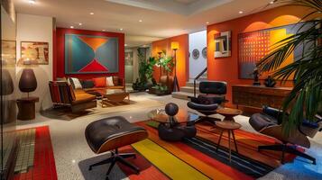 vibrante y ingeniosamente diseñado contemporáneo vivo espacio con geométrico acentos y estallidos de color foto