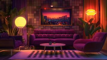 Vibrant Neon-Lit Interior with Futuristic Cityscape Backdrop Evokes Moody Ambiance for Relaxation and Entertainment photo