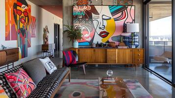 Vibrant and Interior Design with Colorful Abstract Wall Art and Retro Furniture Elements photo