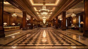 Stunning Architectural Interior of Luxurious Hotel Lobby with Ornate Chandelier and Marble Chequered Floor photo