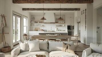 Cozy and Inviting Rustic-Modern Open Concept Living and Dining Room Interior photo