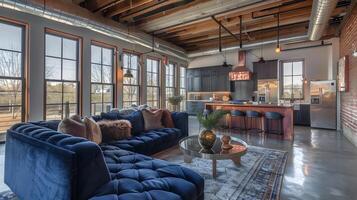 Cozy and Luxurious Loft Interior with Exposed Brick and Wooden Beams,Featuring Modern Furniture and Decorative Accents photo