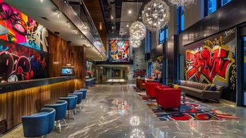 Vibrant and Energetic Urban Interior with Colorful Graffiti Art and Modern Design Elements in a Trendy Hospitality Venue photo