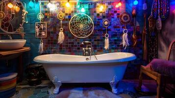 Whimsical Bohemian Bathroom Oasis with Mosaic Tile and Eclectic Decor Elements photo