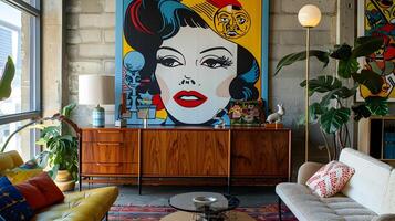 Vibrant Pop Art-Inspired Interior with Retro Furnishings and Colorful Decor photo