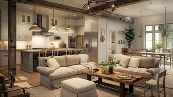 Cozy and Rustic Open-Concept Living Room with Modern Furnishings and Natural Accents photo