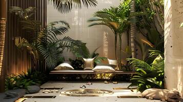 Tropical Oasis Lush Garden with Reflecting Pond and Luxury Outdoor Furniture in Serene Resort Setting photo