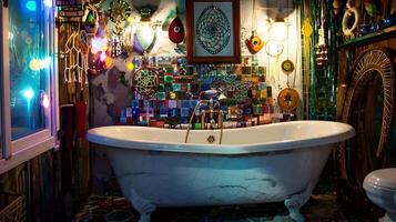 Vibrant and Eclectic Bathroom Oasis with Mosaic Tiles and Clawfoot Tub,Creating a Unique and Captivating Space for Relaxation and Self-Expression photo