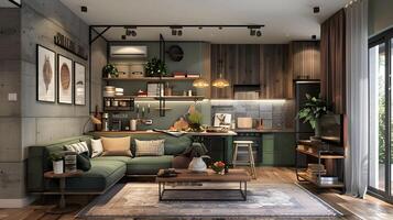Cozy and Inviting Modern Loft-Style Living Room with Wooden Furnishings and Greenery Accents photo