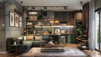 acogedor y atractivo moderno estilo loft vivo habitación con de madera mobiliario y verdor acentos foto