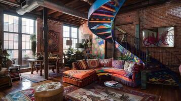 Vibrant and Eclectic Loft Oasis with Spiral Staircase and Colorful Furnishings Exuding Flair photo