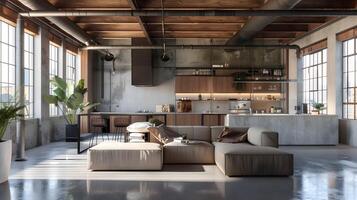 acogedor y atractivo estilo loft vivo espacio con calentar de madera acentos y industrial instinto foto