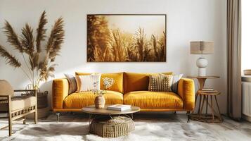 Cozy and Inviting Modern Farmhouse Living Room with Autumn Harvest Landscape Artwork photo