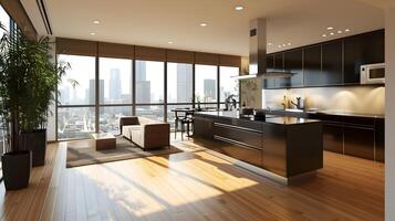 Sophisticated Urban Kitchen with Panoramic City Views and Sleek Modern Furnishings photo