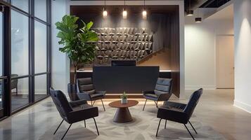 Stylish and Functional Modern Office Interior Design with Comfortable Furniture, Greenery, and Ample Natural Lighting photo
