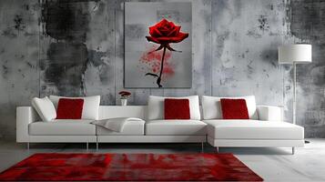 Striking Red Rose Painting Accentuates Elegant Living Room Decor with Minimalist White Furniture and Cozy Ambiance photo